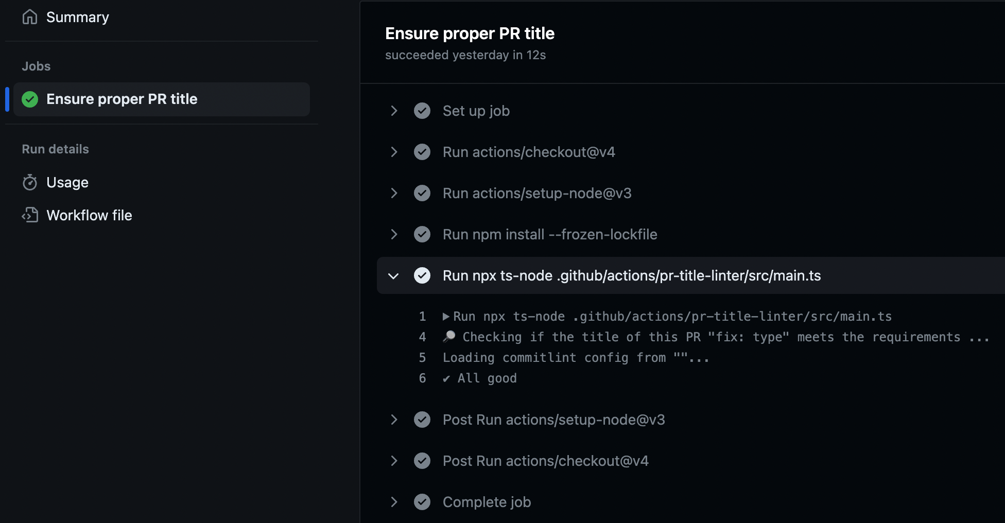 github action: successful pr title linter run